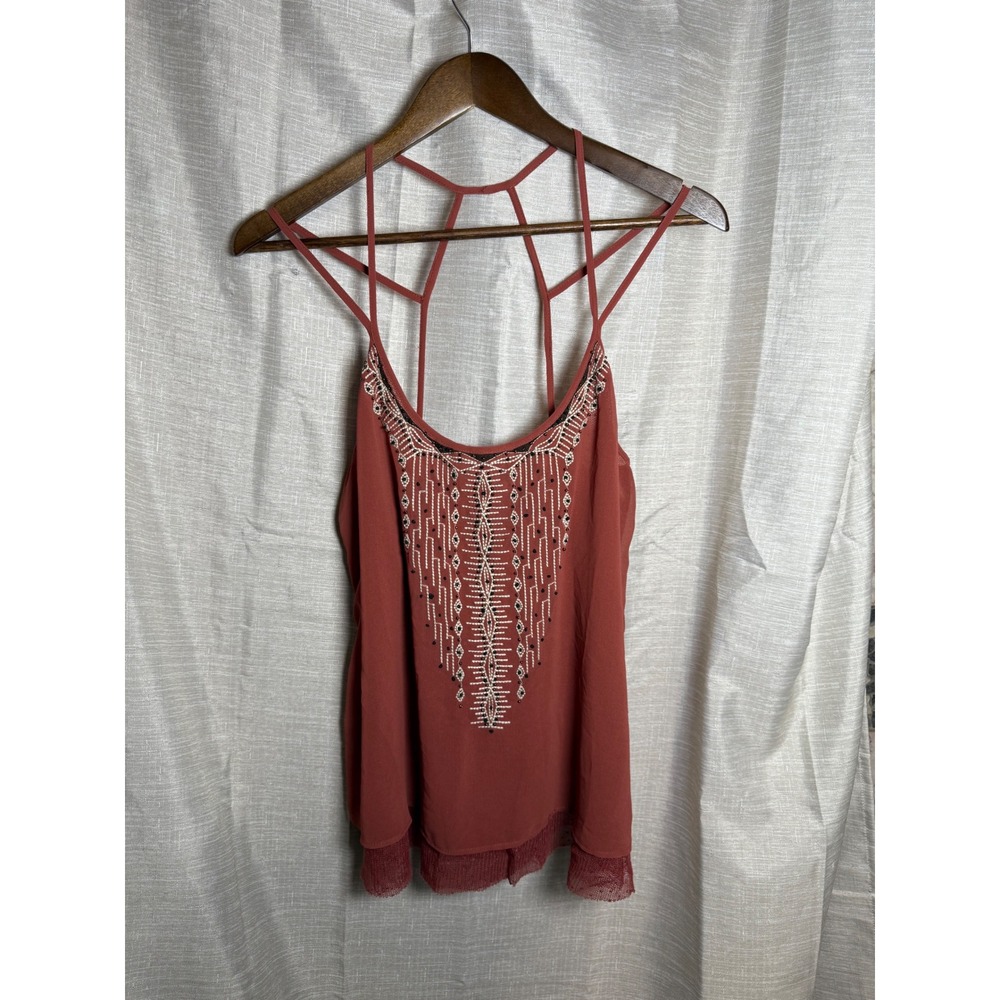 Miss Me Beaded Embellished Strappy Cami Top Rust Orange Lace Trim Size M Boho